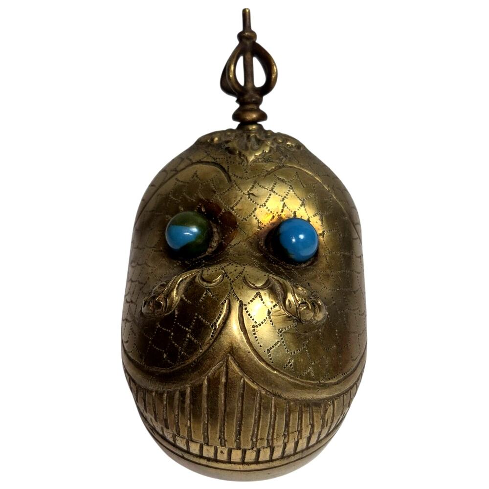 Heavy Brass Serpent Head Trinket Box w/ Lid Intricate Design Stone Eyes Signed